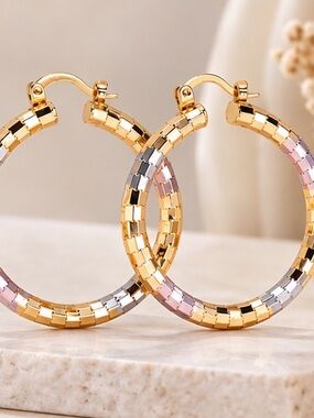 Tri-Tone Faceted Hoop Earrings 60 Gold Silver Rose Gold